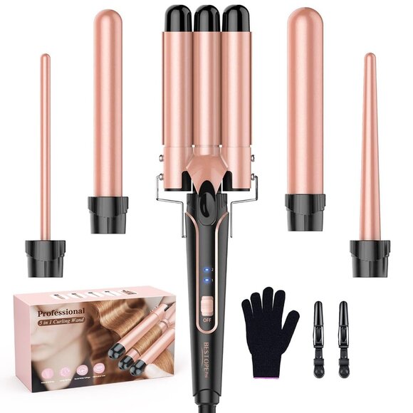 Waver Curling Iron Wand 5 in 1 Curling Wand Set with 3 Barrel Hair Crimper for